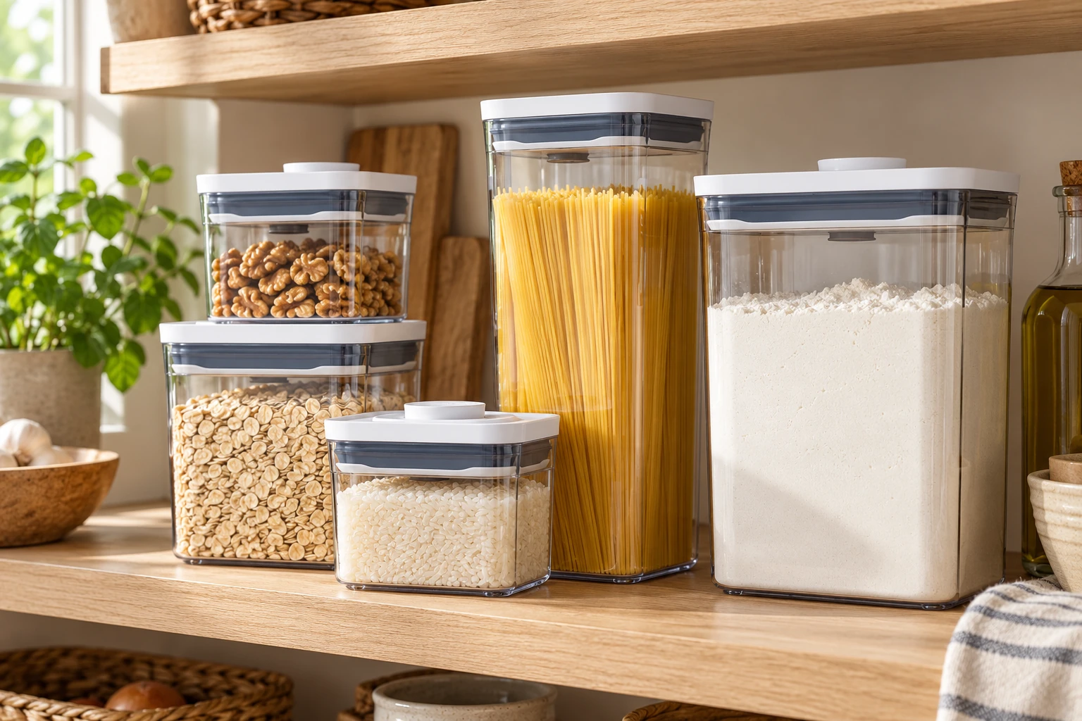Clear food storage containers with white lids holding flour, pasta and other dry ingredients on a wooden pantry shelf.