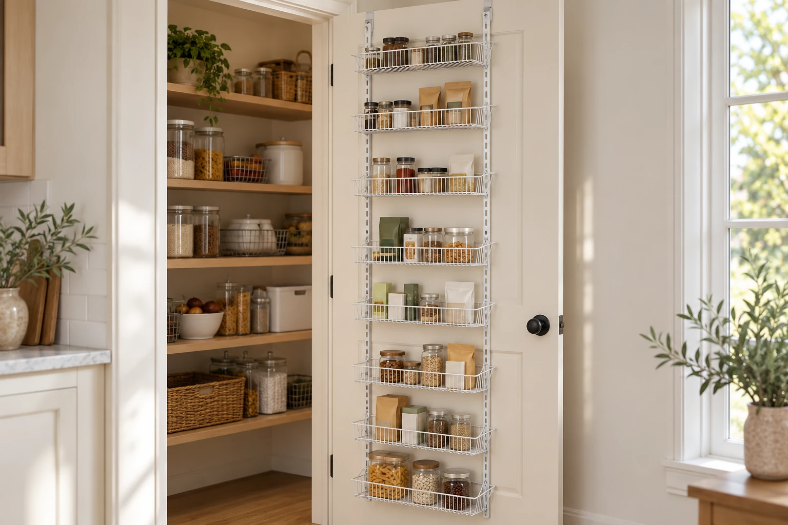 Eight-tier white wire rack on an open pantry door holding jars and packaged food.