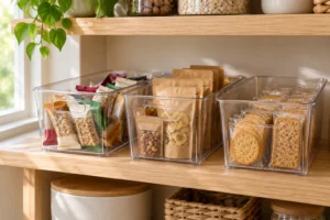 Styling illustration: Three clear pantry bins with handles organizing snack bars, dried fruit and crackers on a wooden shelf.