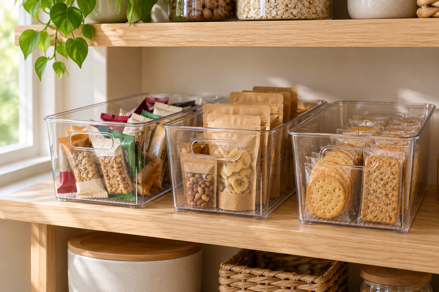Three clear pantry bins with handles organizing snack bars, dried fruit and crackers on a wooden shelf.