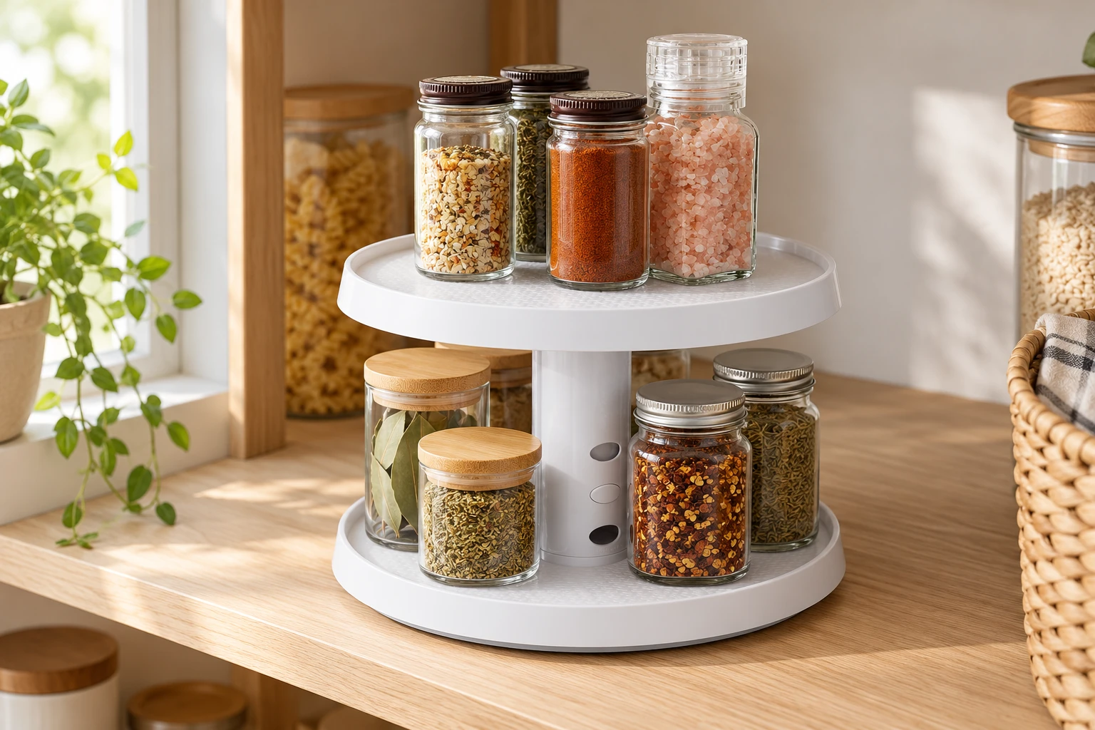 White two-tier pantry turntable holding glass spice jars on a wooden shelf beside a kitchen window.