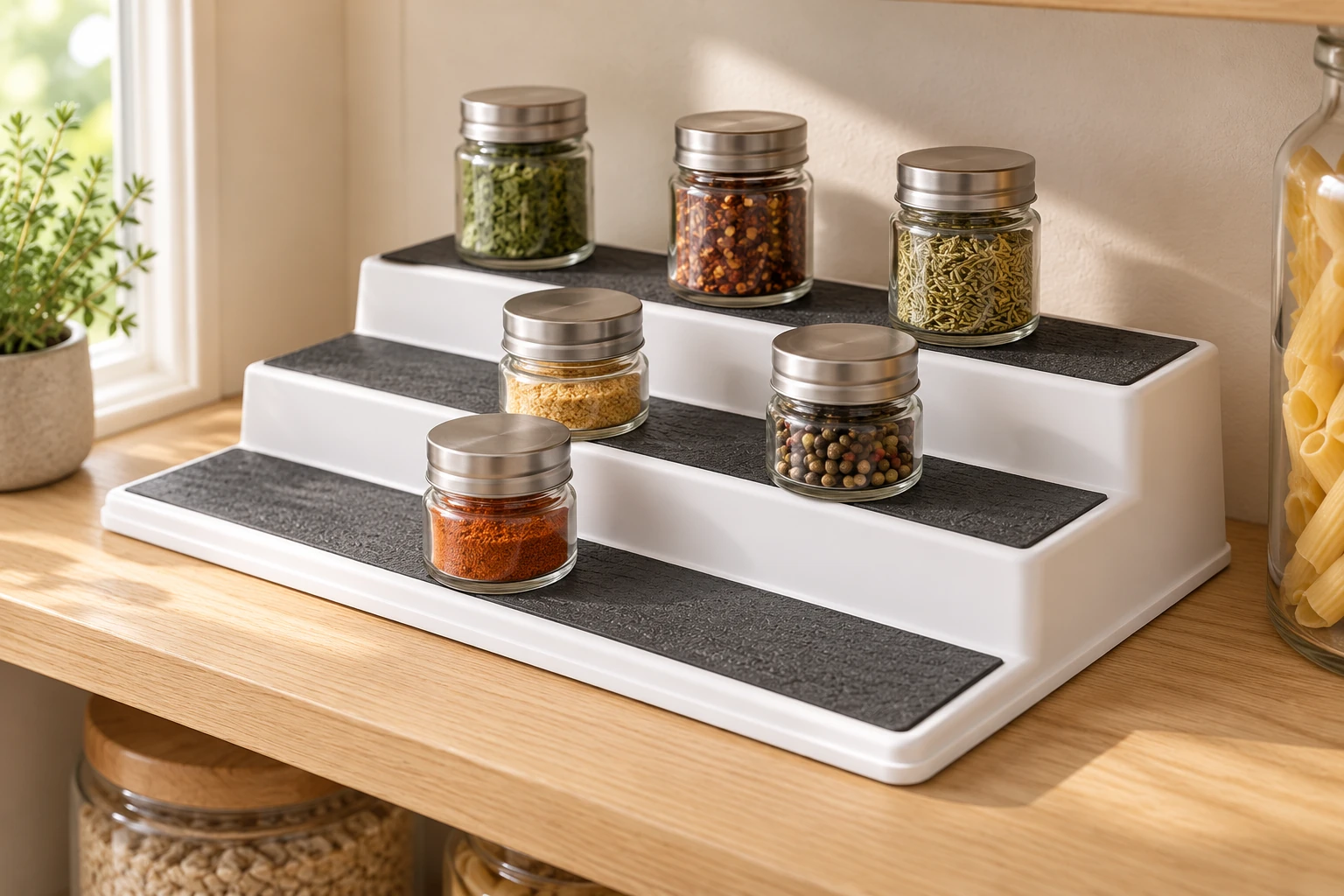 White three-tier spice organizer with gray non-slip shelves holding glass spice jars in a pantry.