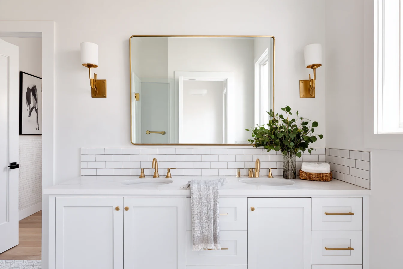Wide bathroom mirror above a white double vanity
