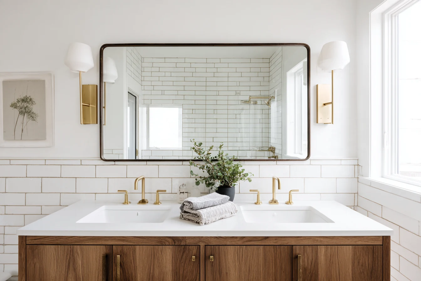 Wide bathroom mirror above a wood double vanity