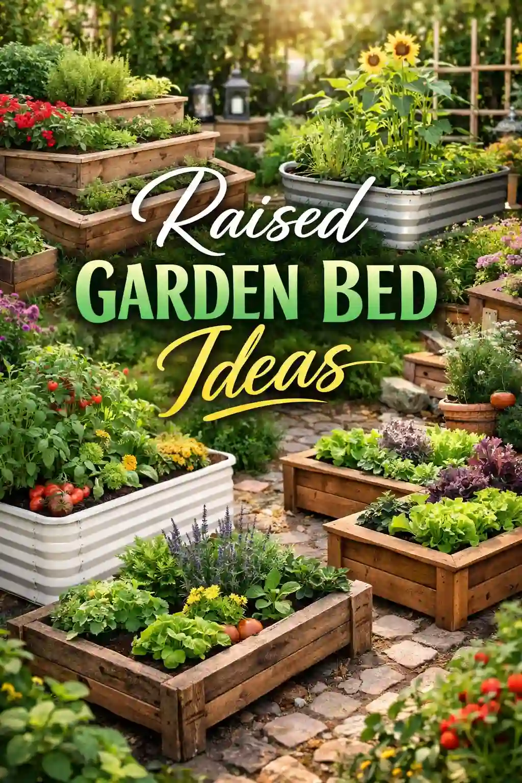 A sunny garden with various raised garden beds made of wood and metal, filled with vibrant vegetables, herbs, and flowers, with the text Raised Garden Bed Ideas overlaid.