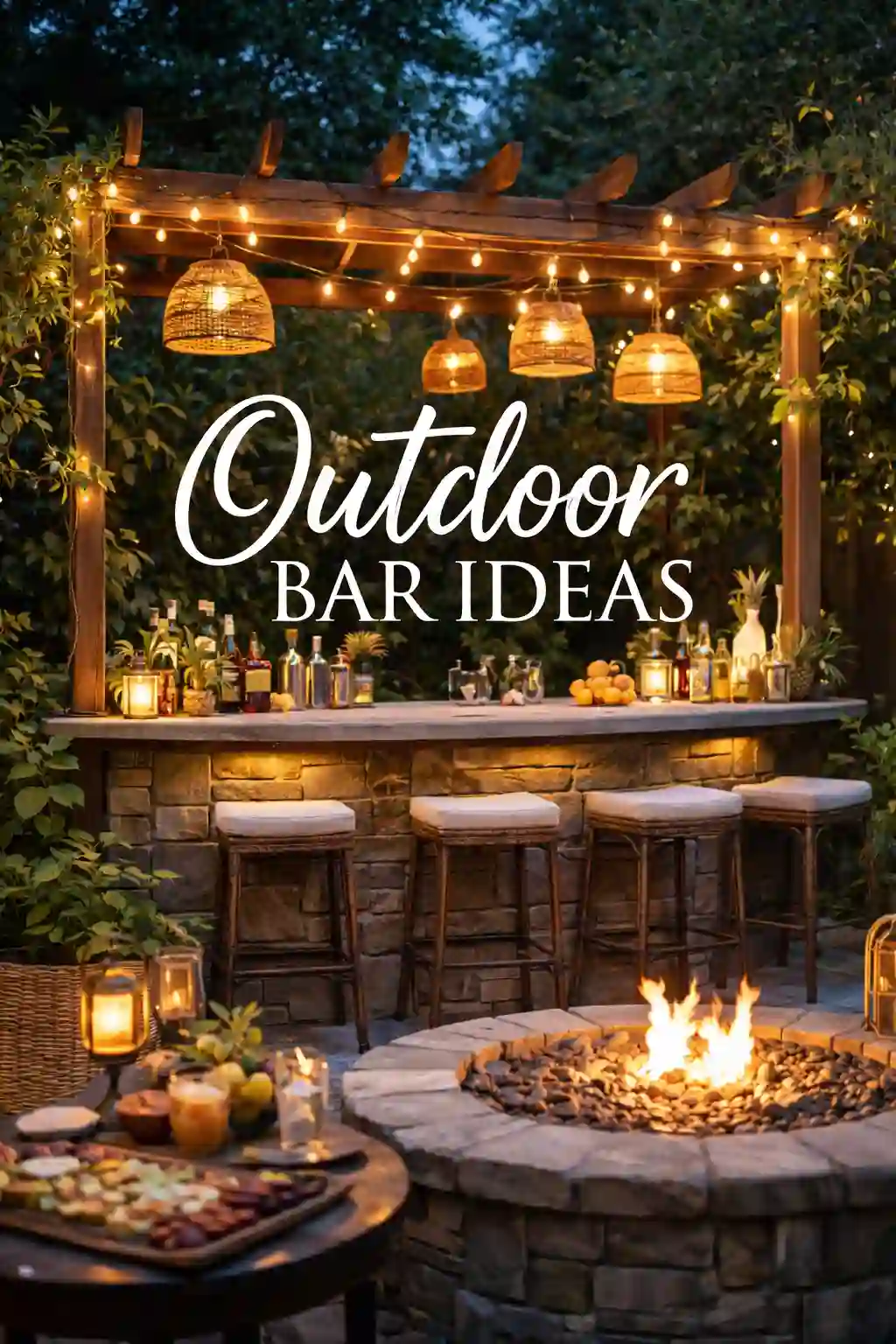 A cozy outdoor bar setup with string lights, hanging lanterns, bar stools, drinks, and snacks, featuring a stone fire pit and lush greenery. Text reads, “Outdoor Bar Ideas.”.
