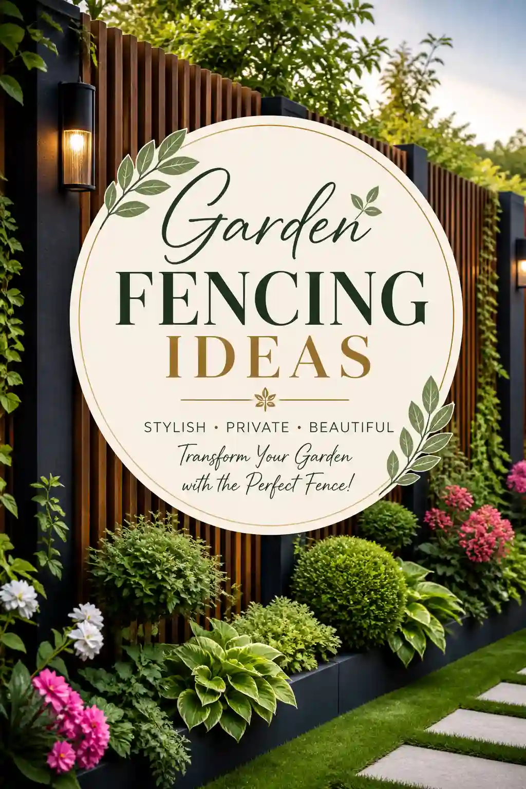 A modern garden with lush green plants, colorful flowers, and stylish fencing. A large round sign in the center reads: Garden Fencing Ideas. Stylish • Private • Beautiful. Transform Your Garden with the Perfect Fence!.