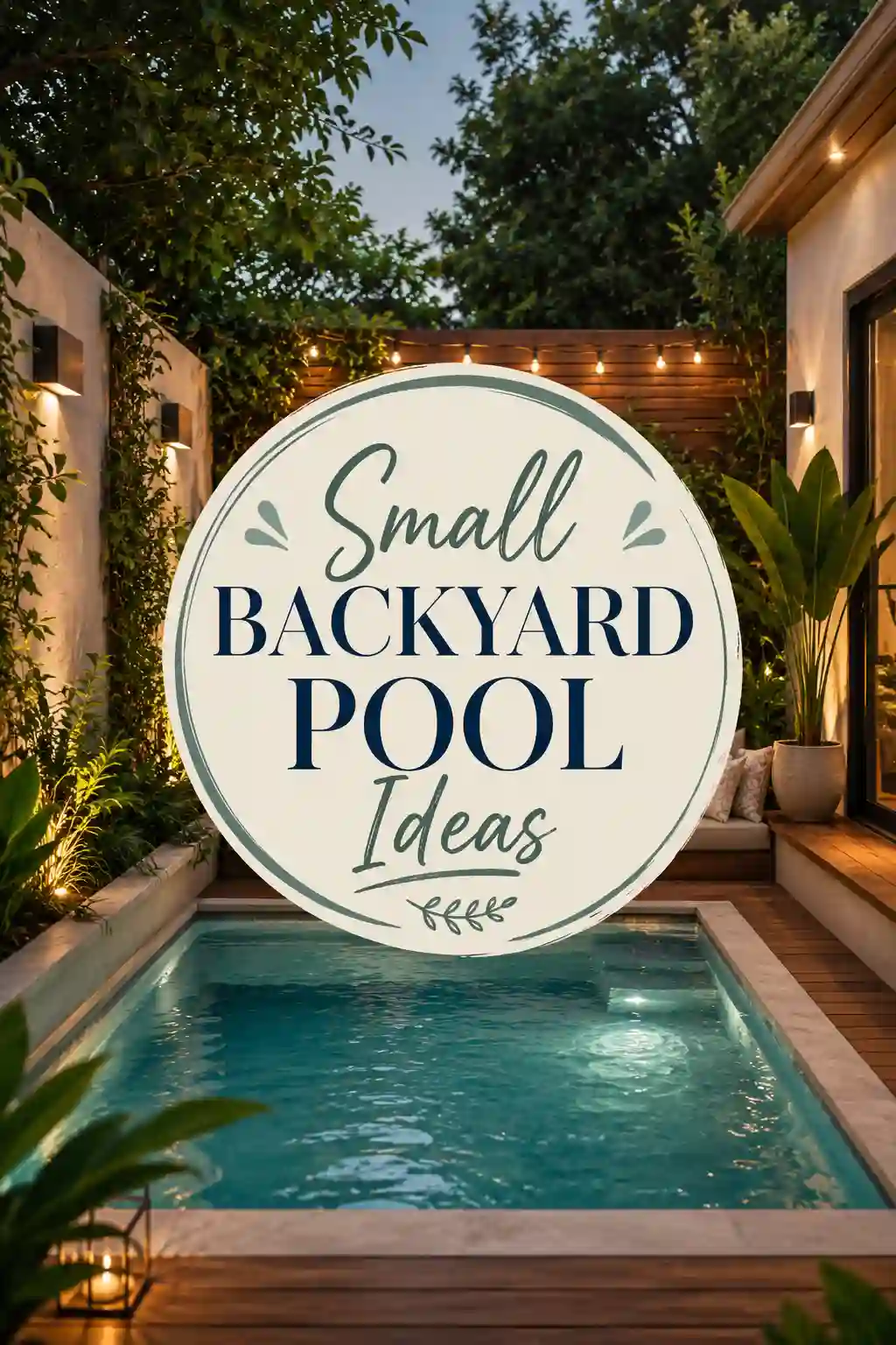 A small backyard pool surrounded by plants and cozy lighting at dusk, with a large circular text overlay that reads Small Backyard Pool Ideas.