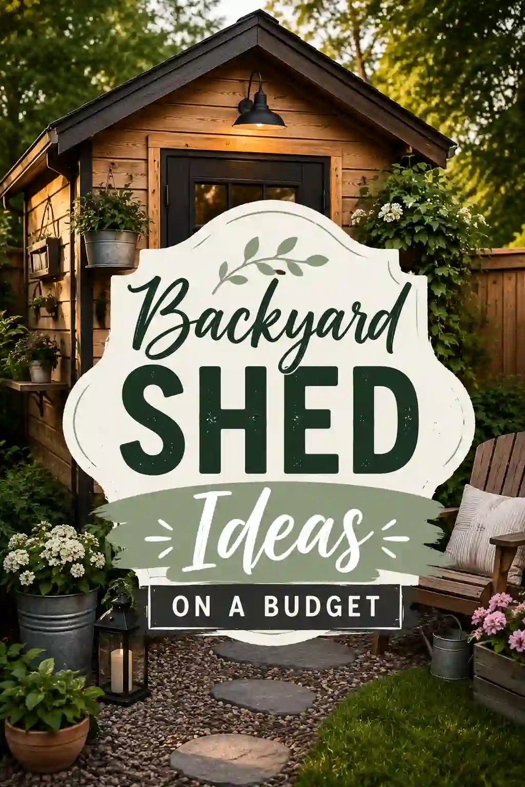 A cozy wooden backyard shed with potted plants, flowers, and a lantern along a stone path. A sign in front reads Backyard Shed Ideas on a Budget.