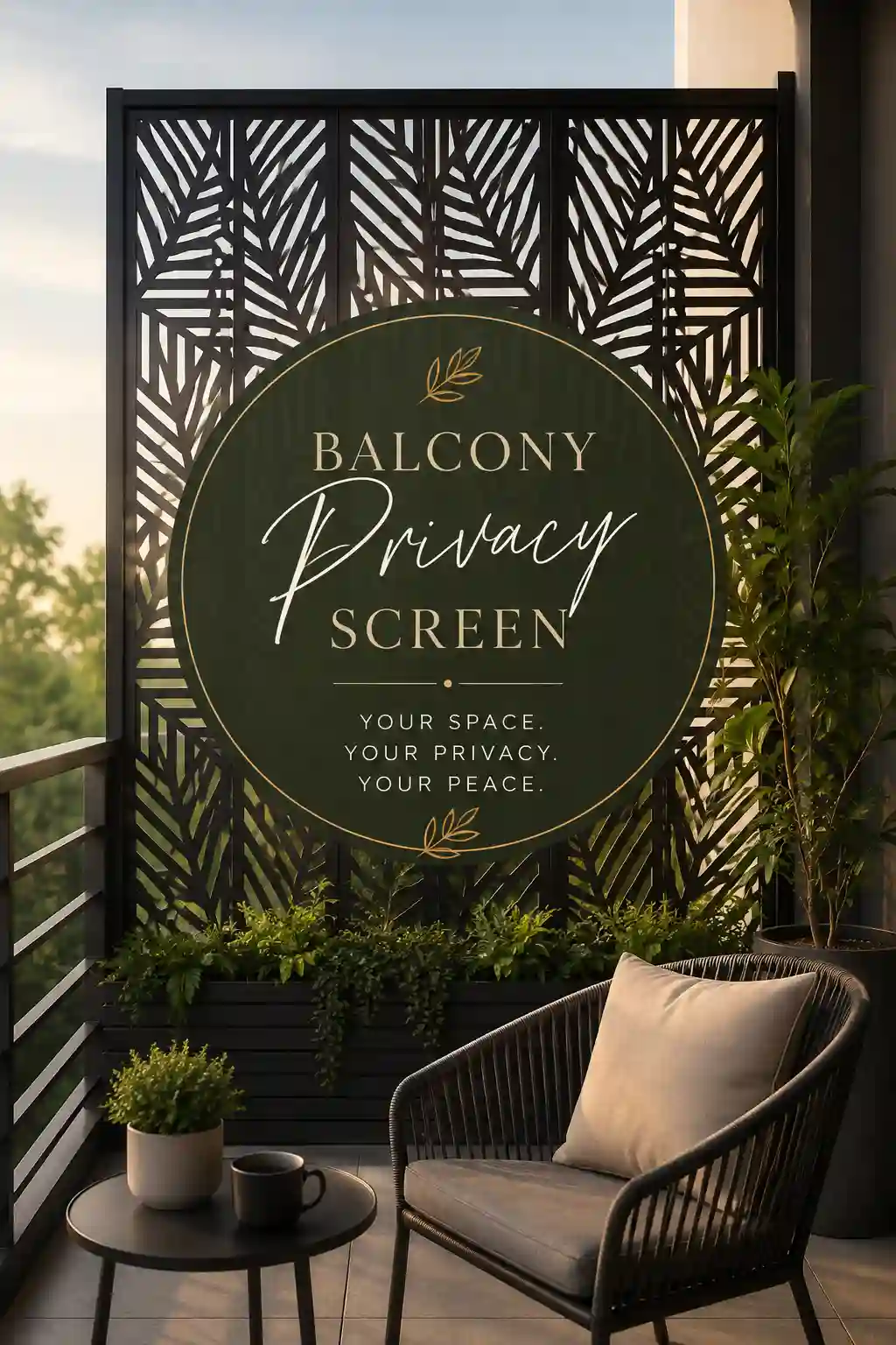 A modern balcony setup featuring a black decorative privacy screen with a large circular sign that reads “BALCONY Privacy Screen” and “Your Space. Your Privacy. Your Peace.” The screen has a geometric leaf pattern, with green plants placed around the balcony. A dark woven chair with a light cushion sits beside a small round table holding a plant and cup. Warm natural light and a calm outdoor atmosphere create a cozy private retreat.