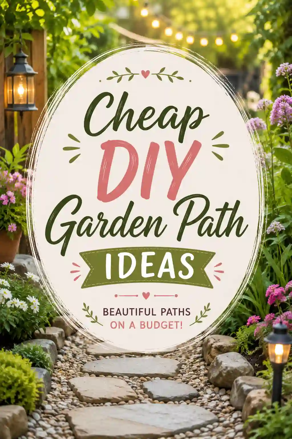 A stone garden path surrounded by blooming flowers and greenery, with a lantern on the left and string lights overhead. Text over the image reads: Cheap DIY Garden Path Ideas: Beautiful Paths on a Budget!.