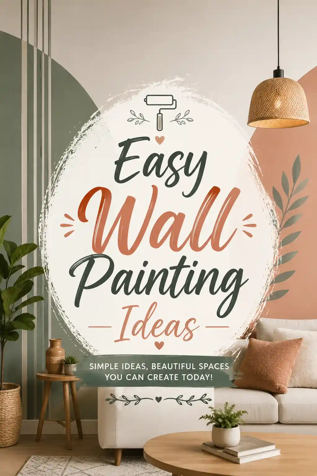 A cozy living room with a green and peach painted accent wall, indoor plants, a beige sofa with pillows, and a wooden coffee table. Overlaid text reads: Easy Wall Painting Ideas. Simple ideas, beautiful spaces you can create today!.