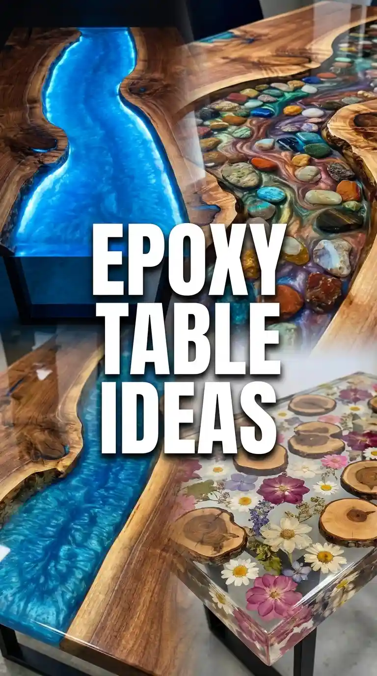 A collage of creative epoxy table designs, including a blue river effect, colorful stones, and embedded flowers, with Epoxy Table Ideas in bold white text across the center.