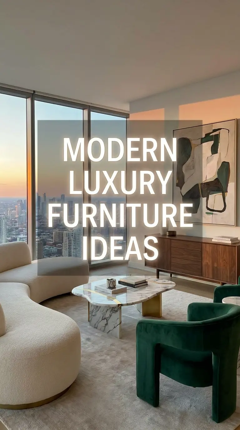 A modern living room with large windows, white curved sofa, green velvet chairs, marble coffee table, abstract wall art, and cityscape view at sunset. Text overlay reads: MODERN LUXURY FURNITURE IDEAS.