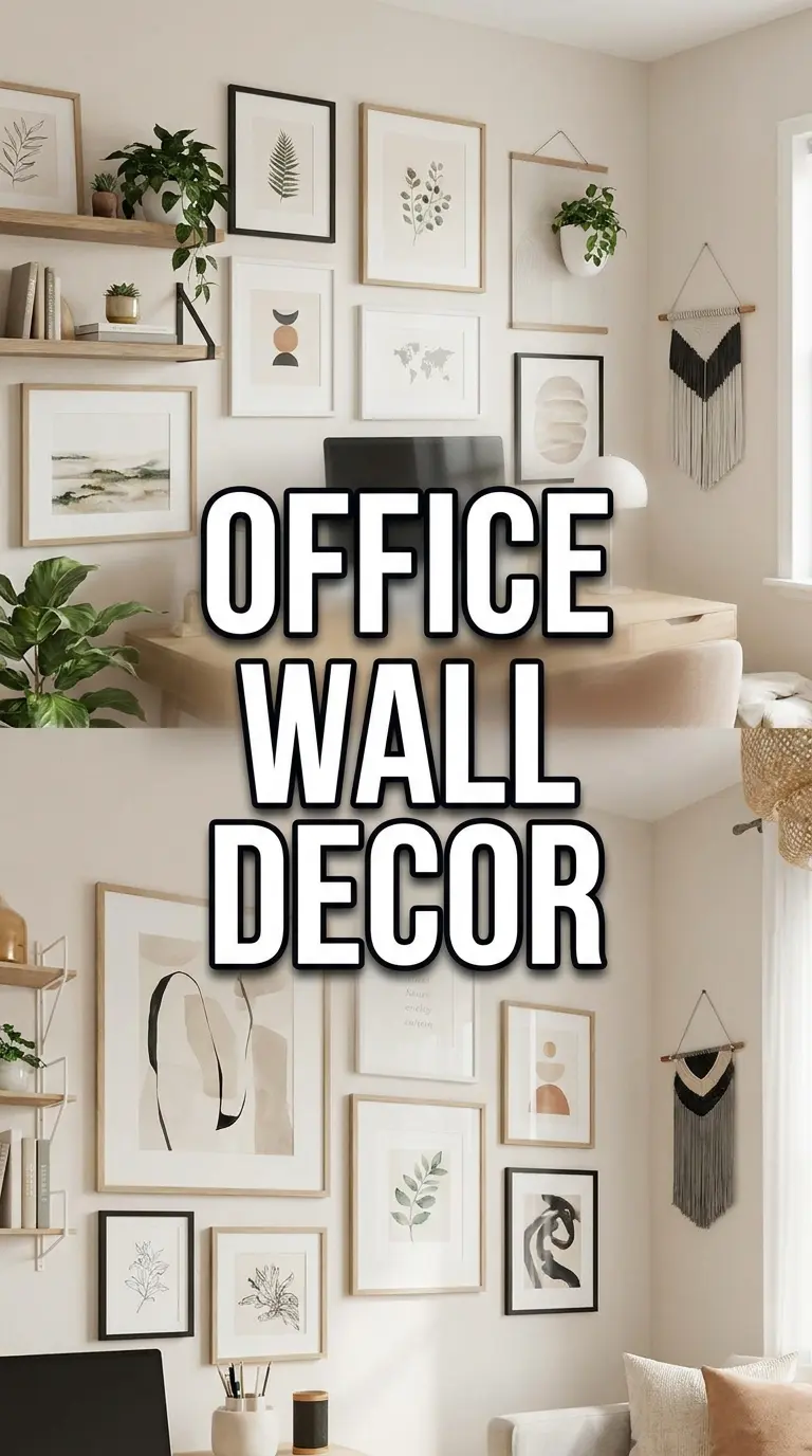 A home office with beige walls decorated with framed art prints, a plant on a shelf, a small potted plant on the desk, and a black and white wall hanging; large text reads OFFICE WALL DECOR.