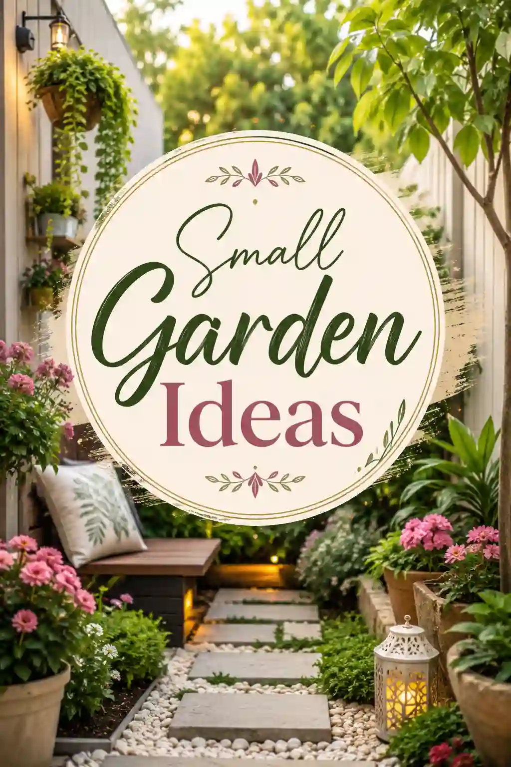 A cozy, narrow garden with lush green plants, pink flowers, wooden bench, stone path, and lanterns. Large circular sign in the center reads Small Garden Ideas in decorative lettering.