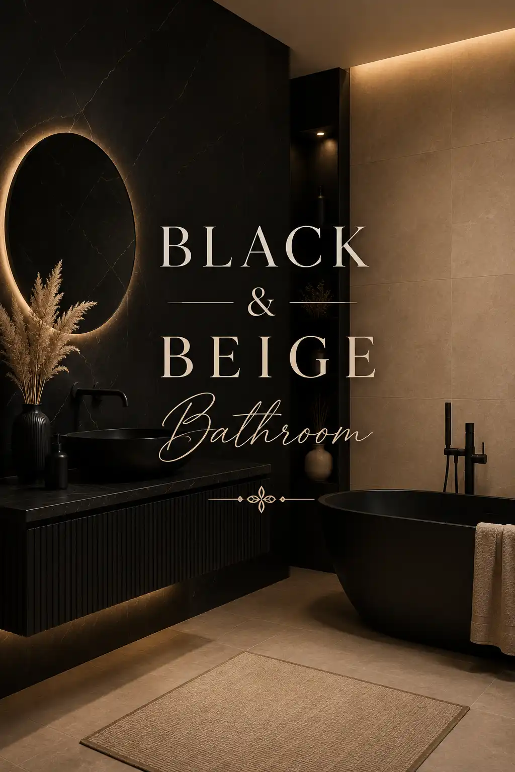 A modern bathroom with black and beige decor, featuring a round backlit mirror, black sink and bathtub, beige walls, pampas grass in a vase, a towel, and a beige floor mat. Text reads Black & Beige Bathroom.