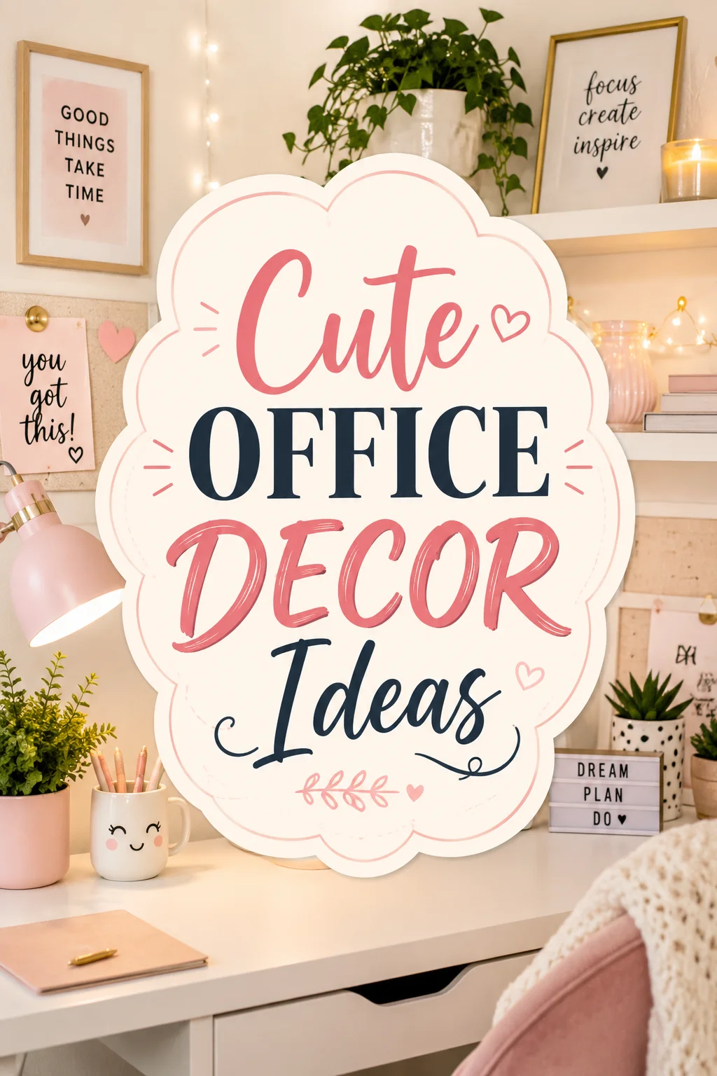 A cozy home office with pink, white, and gold decor, plants, motivational signs, a mug with a cute face, and stationery on a white desk. Text overlay reads: Cute Office Decor Ideas.